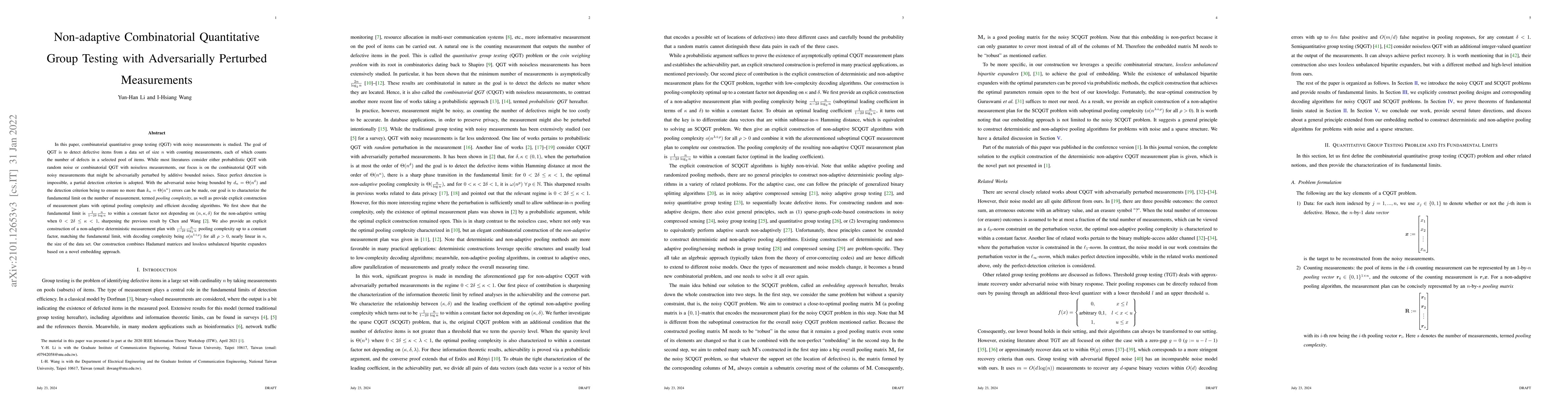 Thumbnail for Non-adaptive Combinatorial Quantitative Group Testing with Adversarially
  Perturbed Measurements