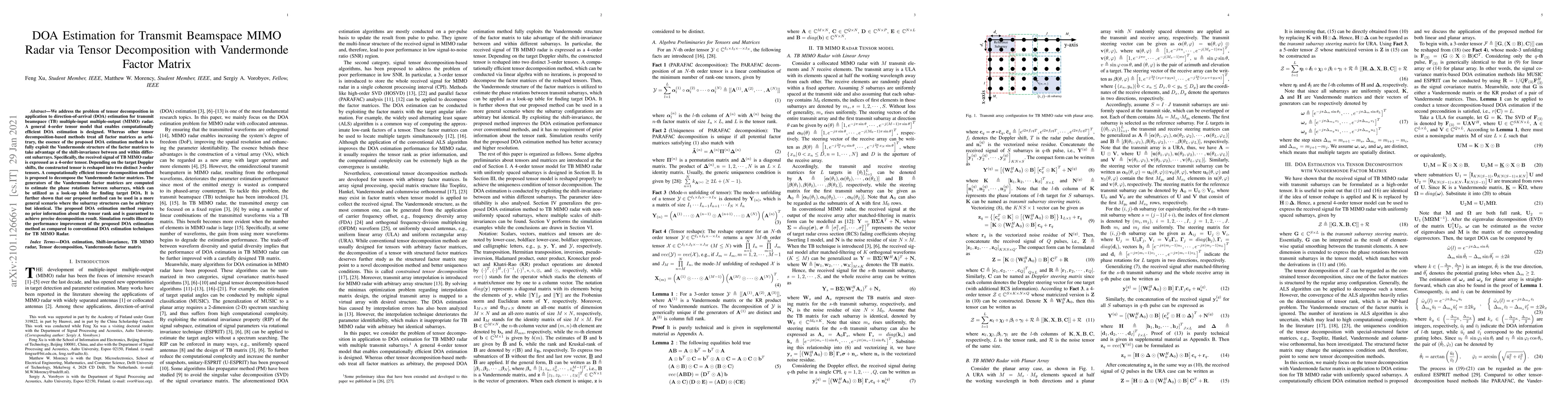 Thumbnail for DOA Estimation for Transmit Beamspace MIMO Radar via Tensor
  Decomposition with Vandermonde Factor Matrix