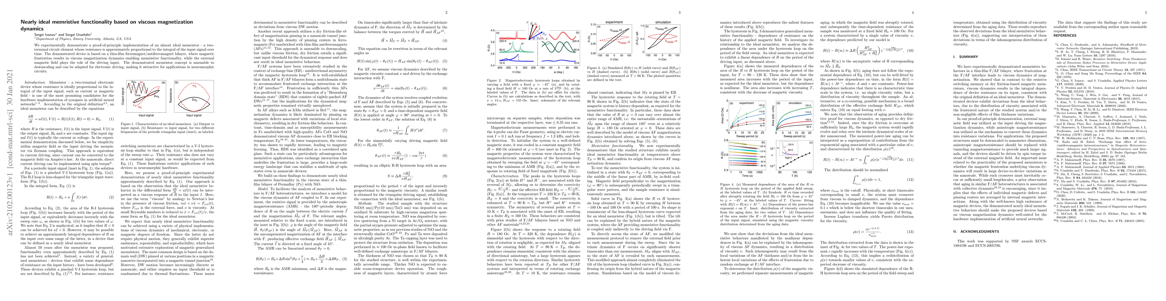 Thumbnail for Nearly ideal memristive functionality based on viscous magnetization
  dynamics