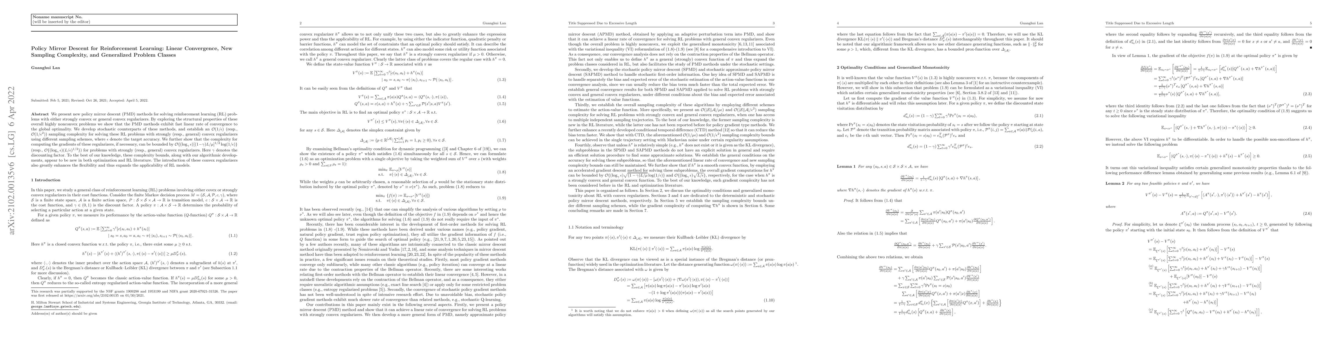Thumbnail for Policy Mirror Descent for Reinforcement Learning: Linear Convergence,
  New Sampling Complexity, and Generalized Problem Classes