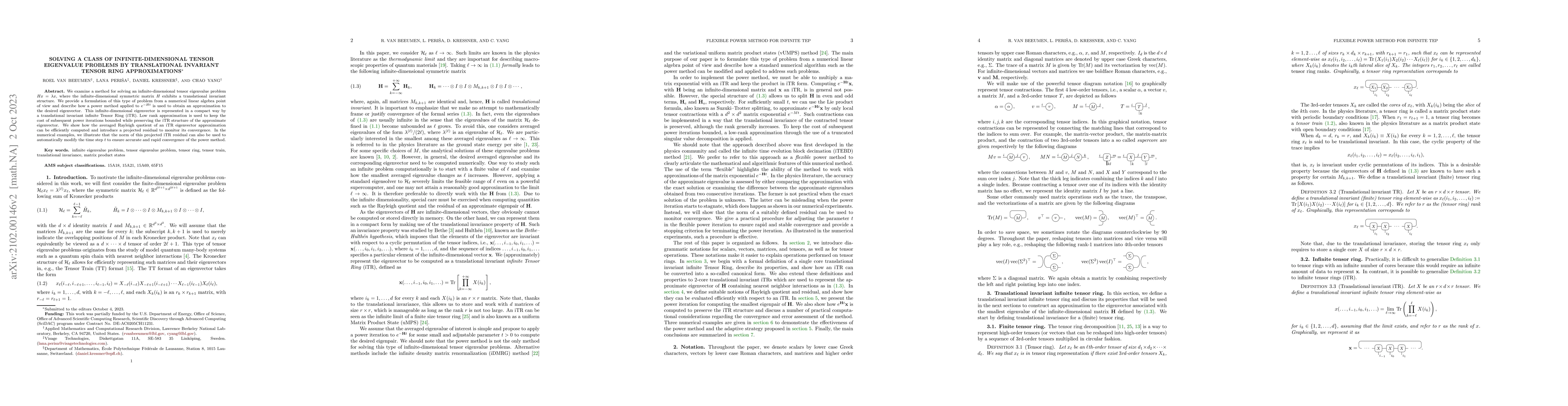 Thumbnail for Solving a Class of Infinite-Dimensional Tensor Eigenvalue Problems by
  Translational Invariant Tensor Ring Approximations