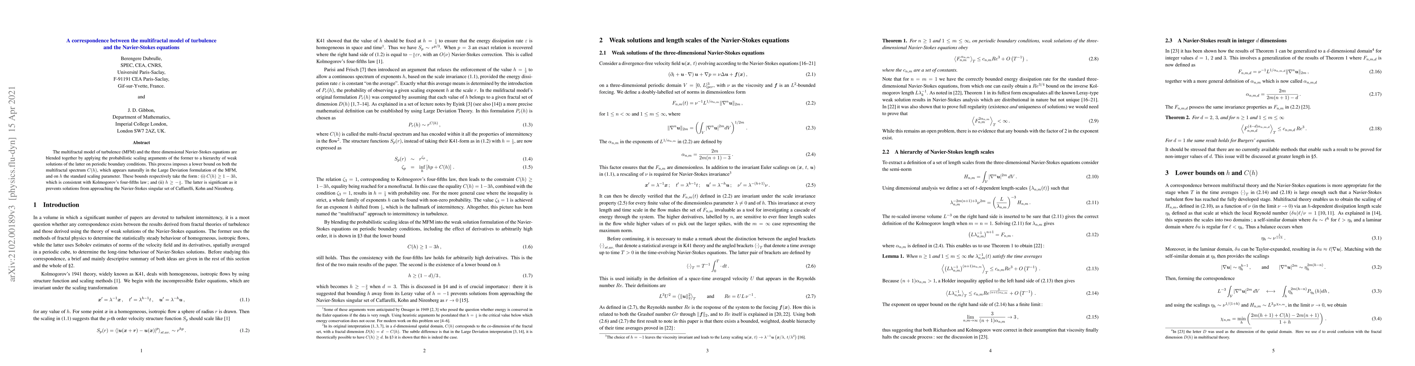 Thumbnail for A correspondence between the multifractal model of turbulence and the
  Navier-Stokes equations