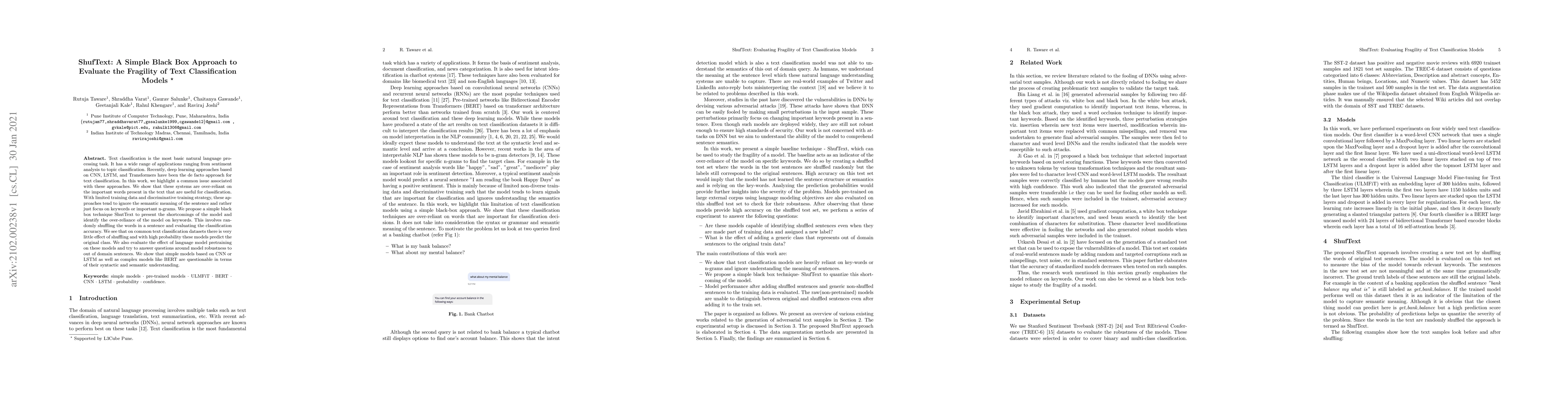 Thumbnail for ShufText: A Simple Black Box Approach to Evaluate the Fragility of Text
  Classification Models