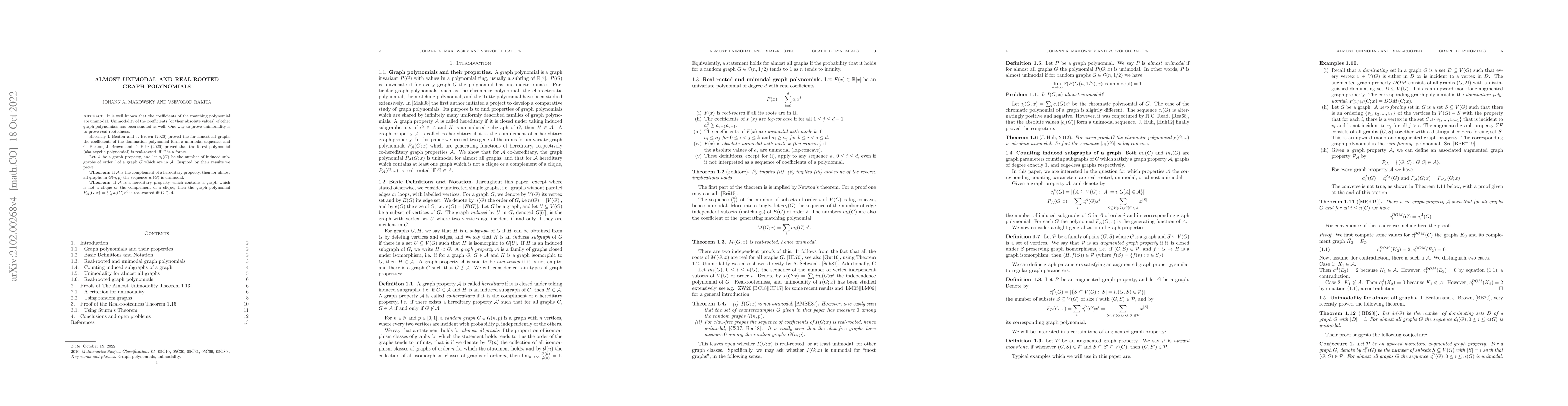 Thumbnail for Almost Unimodal and Real-Rooted Graph Polynomials