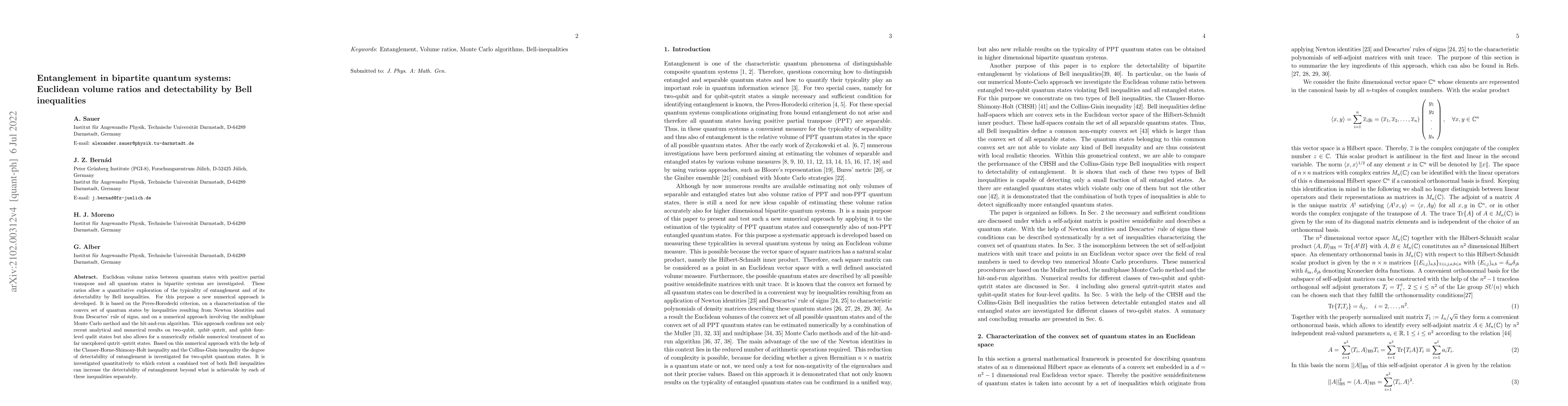 Thumbnail for Entanglement in bipartite quantum systems: Euclidean volume ratios and
  detectability by Bell inequalities