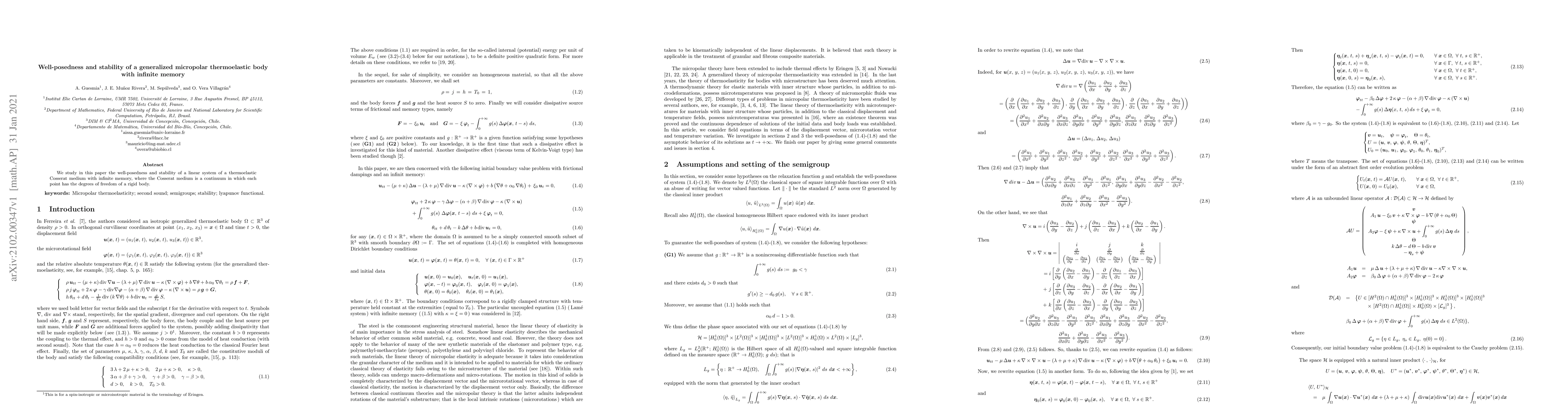 Thumbnail for Well-posedness and stability of a generalized micropolar thermoelastic
  body with infinite memory