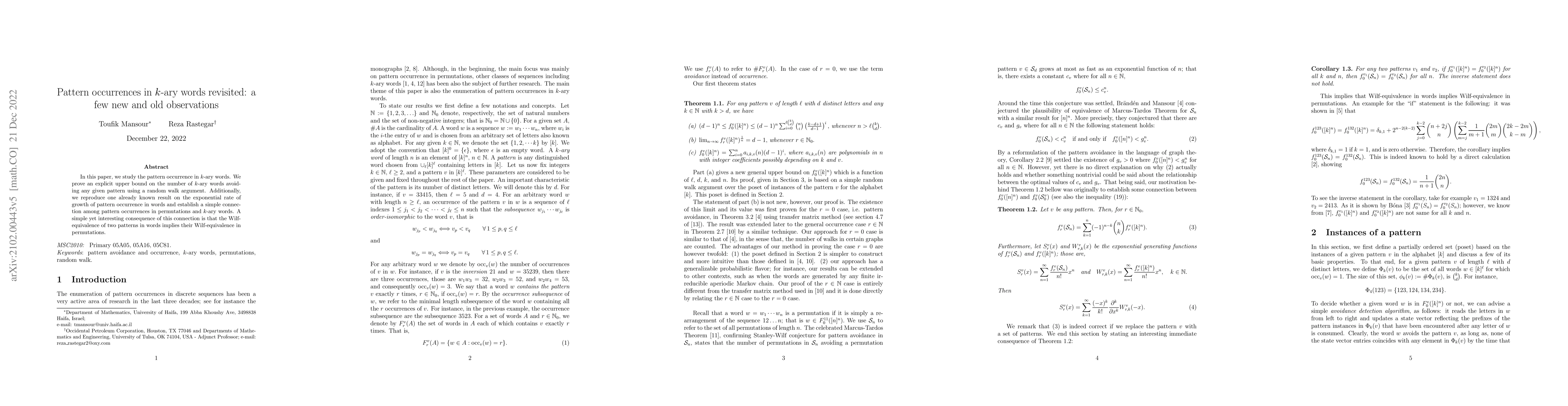 Thumbnail for Pattern occurrences in $k$-ary words revisited: a few new and old
  observations