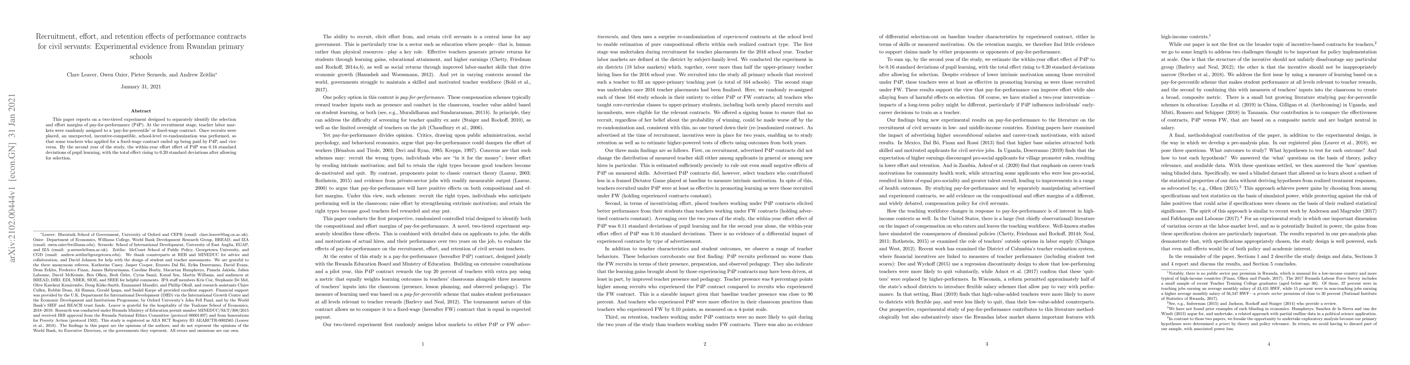 Thumbnail for Recruitment, effort, and retention effects of performance contracts for
  civil servants: Experimental evidence from Rwandan primary schools