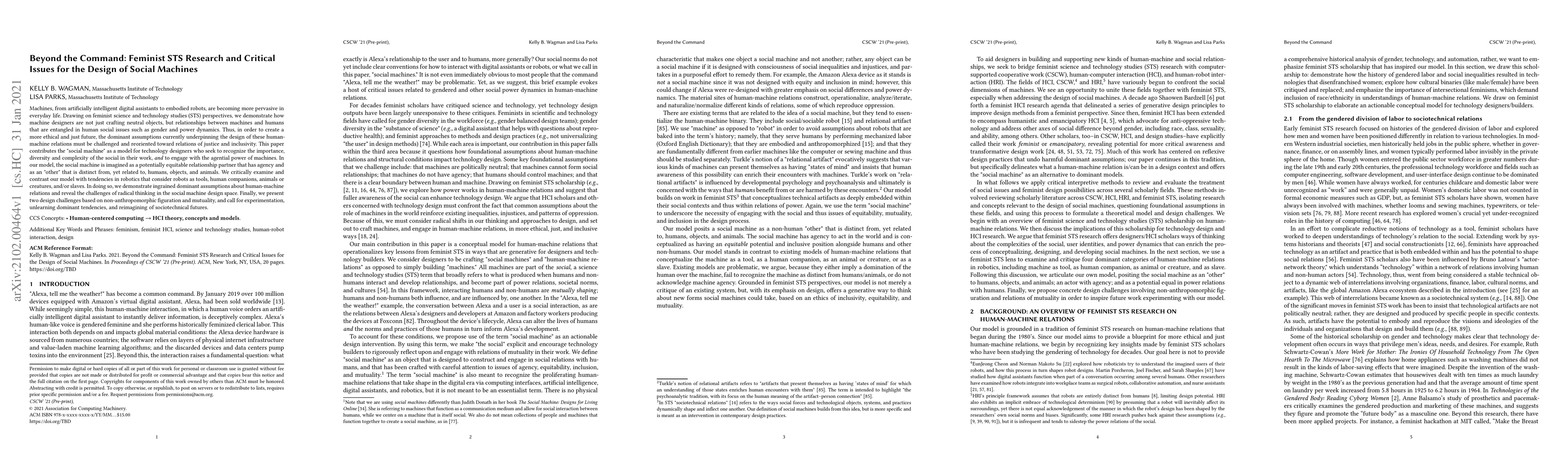 Thumbnail for Beyond the Command: Feminist STS Research and Critical Issues for the
  Design of Social Machines