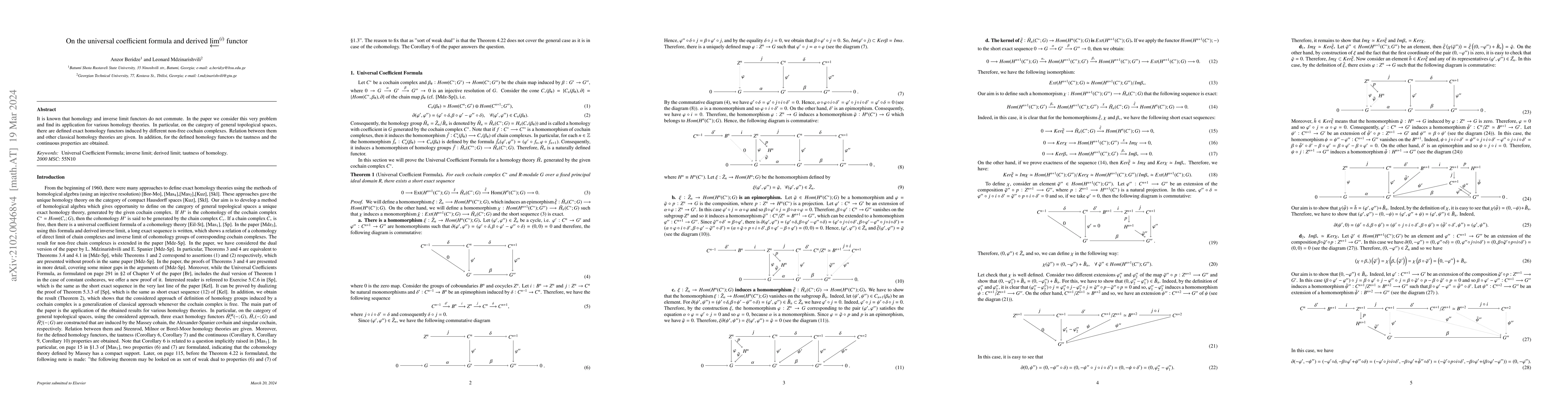 Thumbnail for On the Universal Coefficient Formula and Derived $\varprojlim ^{(i)} $
  Functor