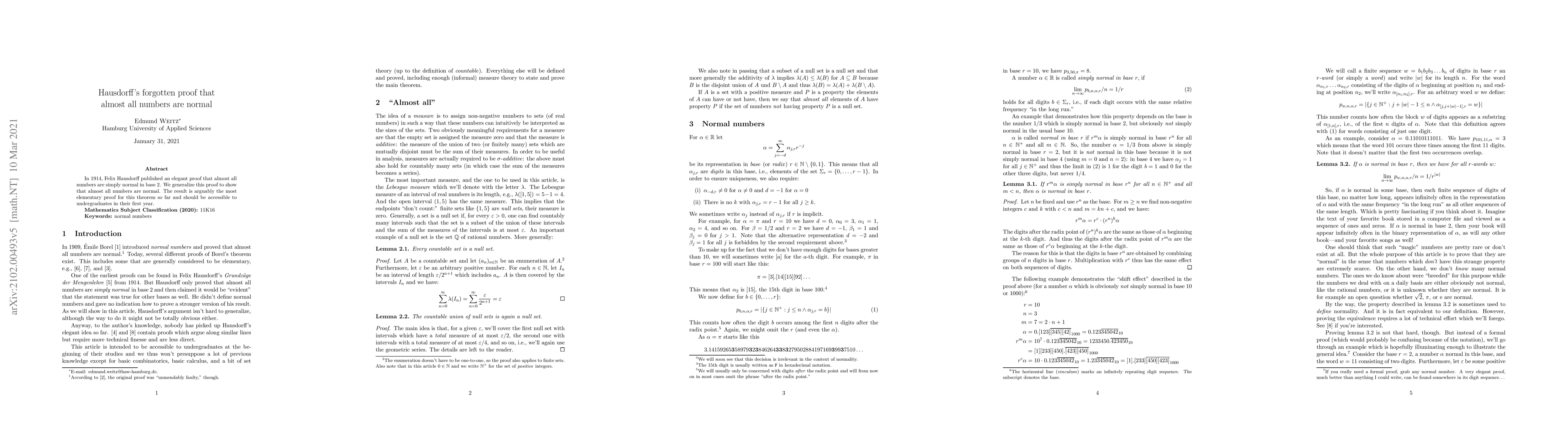 Thumbnail for Hausdorff's forgotten proof that almost all numbers are normal