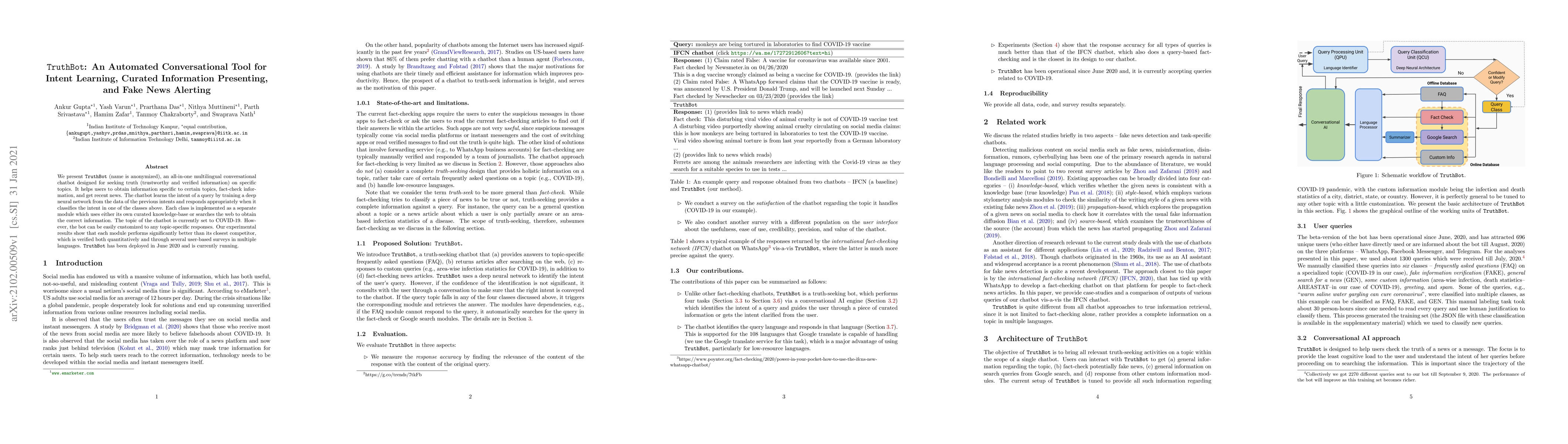 Thumbnail for TruthBot: An Automated Conversational Tool for Intent Learning, Curated
  Information Presenting, and Fake News Alerting