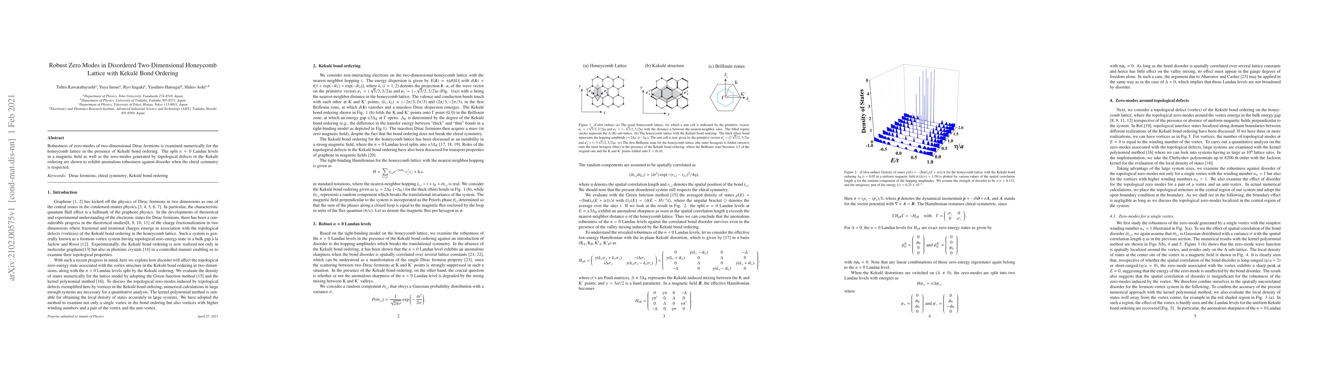 Thumbnail for Robust Zero Modes in Disordered Two-Dimensional Honeycomb Lattice with
  Kekul\'e Bond Ordering