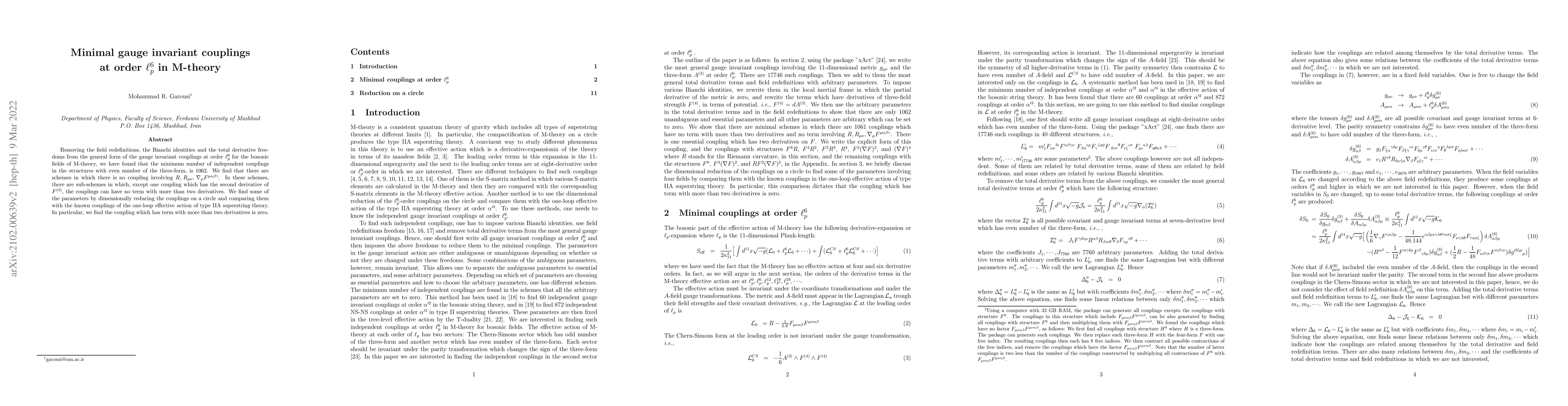 Thumbnail for Minimal gauge invariant couplings at order $\ell_p^6$ in M-theory