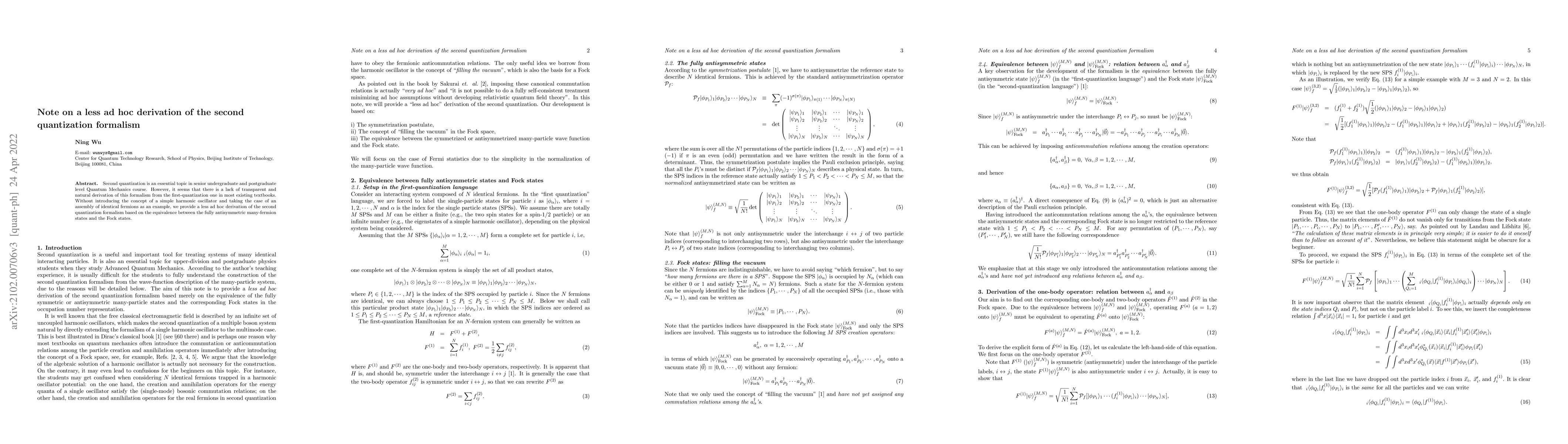 Thumbnail for Note on a less ad hoc derivation of the second quantization formalism