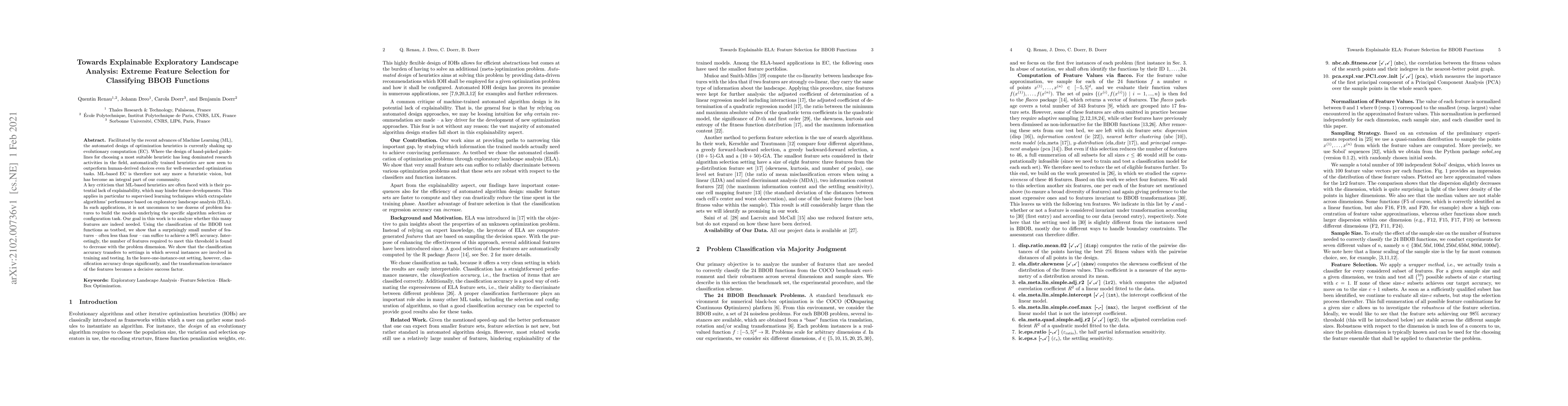 Thumbnail for Towards Explainable Exploratory Landscape Analysis: Extreme Feature
  Selection for Classifying BBOB Functions