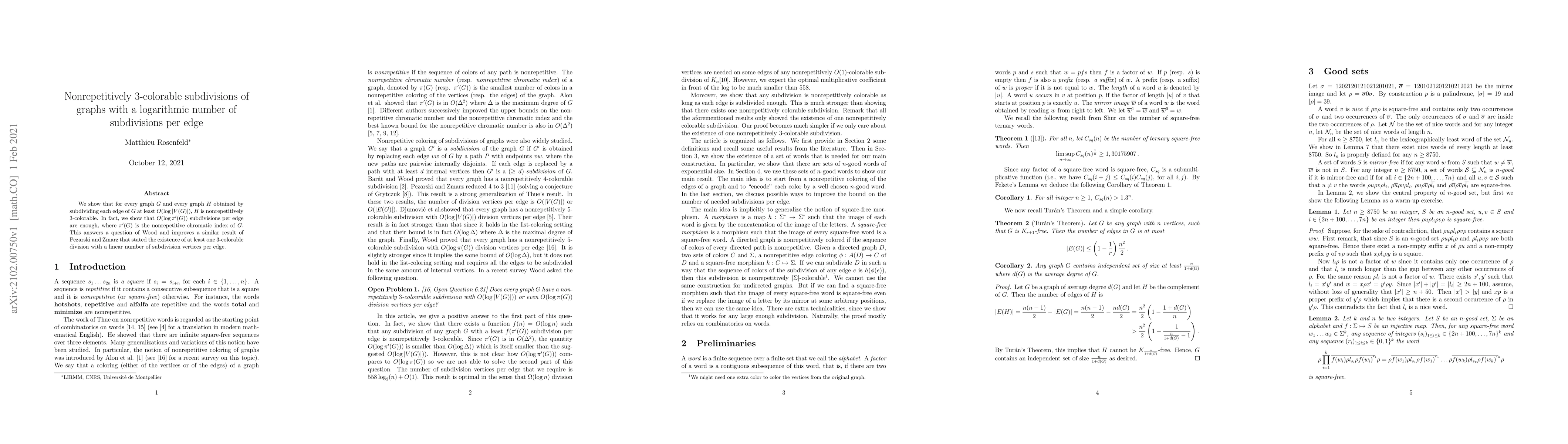 Thumbnail for Nonrepetitively 3-colorable subdivisions of graphs with a logarithmic
  number of subdivisions per edge