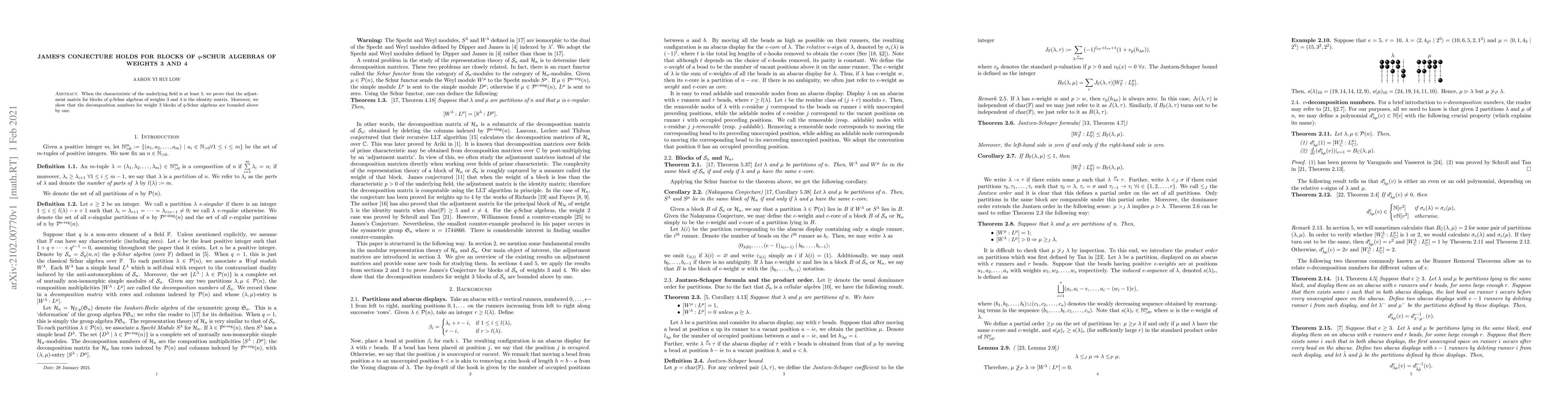 Thumbnail for James's Conjecture holds for blocks of $q$-Schur algebras of weights 3
  and 4