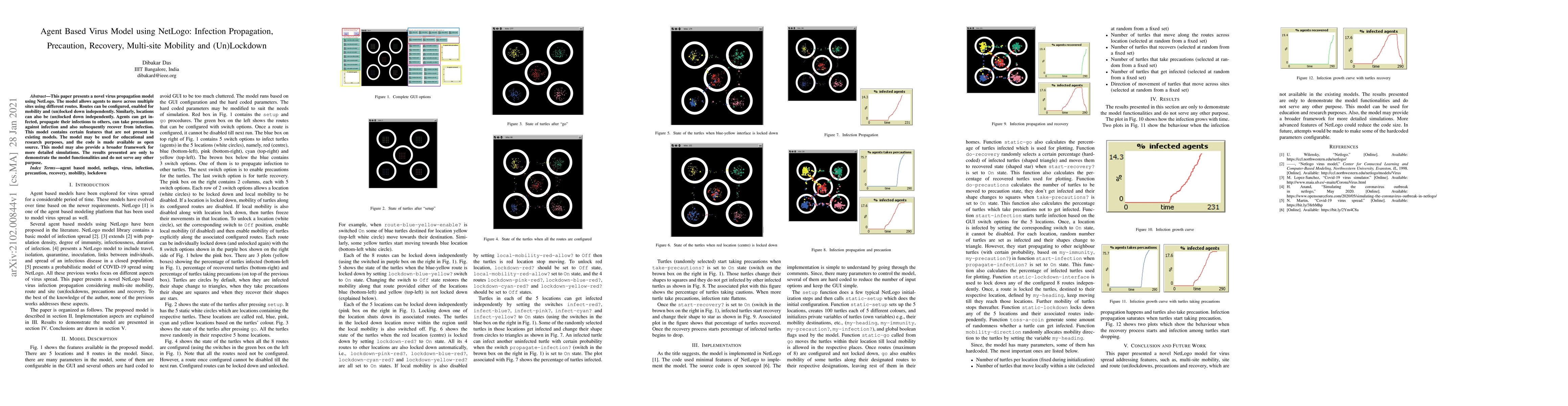 Thumbnail for Agent Based Virus Model using NetLogo: Infection Propagation,
  Precaution, Recovery, Multi-site Mobility and (Un)Lockdown