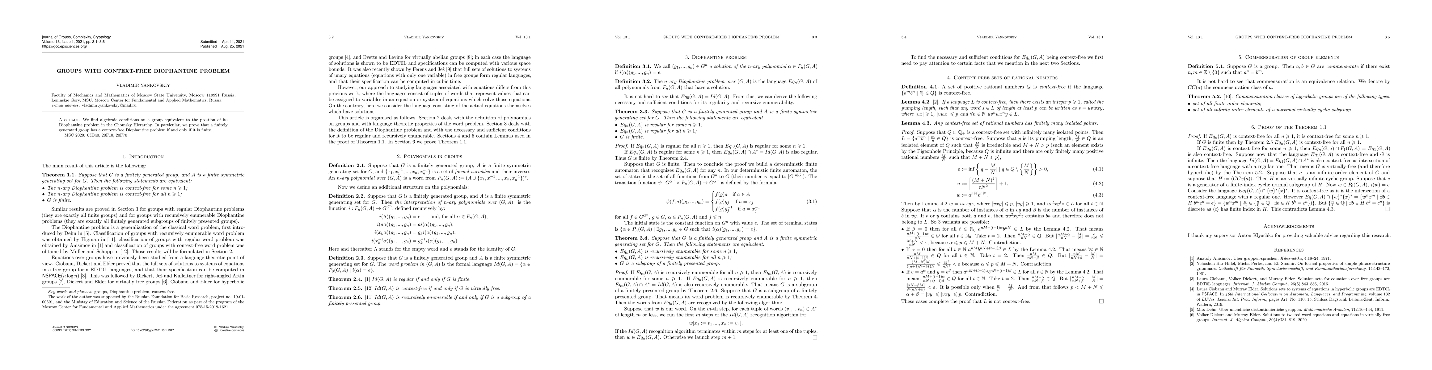 Thumbnail for Groups with context-free Diophantine problem