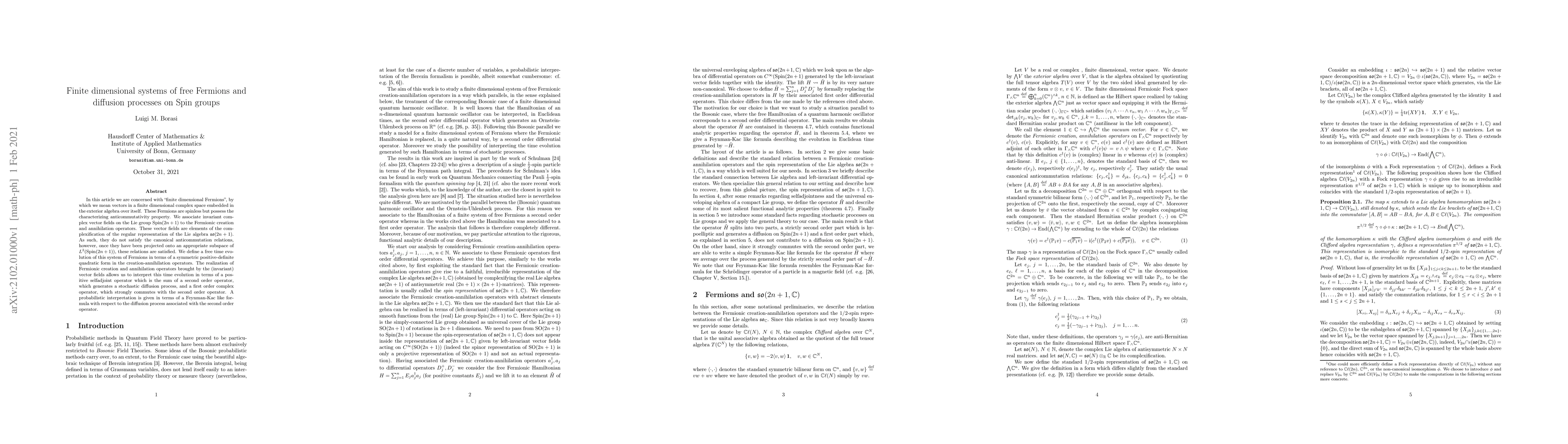 Thumbnail for Finite dimensional systems of free Fermions and diffusion processes on
  Spin groups