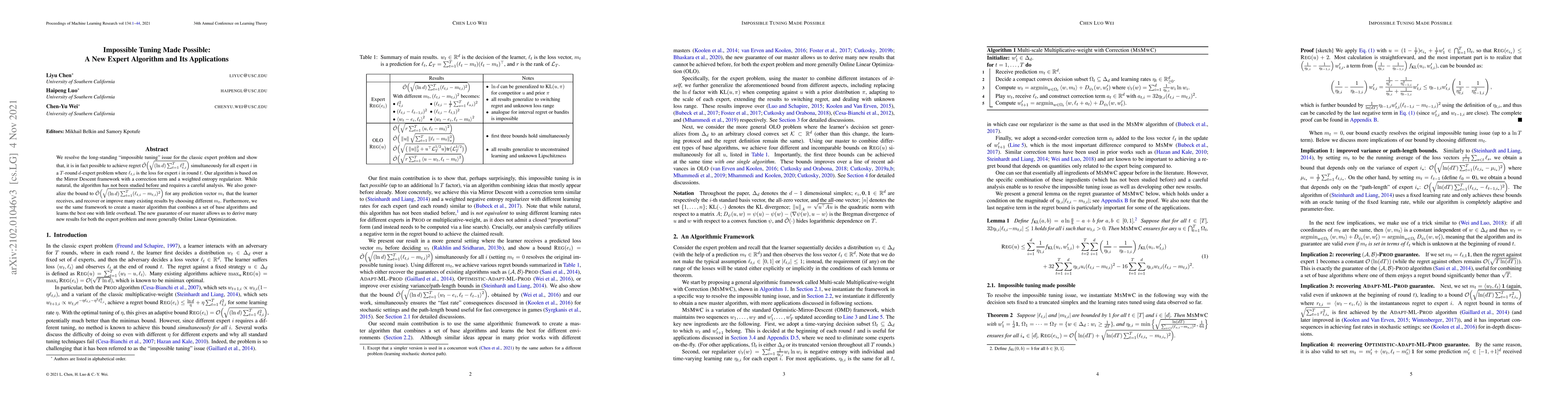 Thumbnail for Impossible Tuning Made Possible: A New Expert Algorithm and Its
  Applications