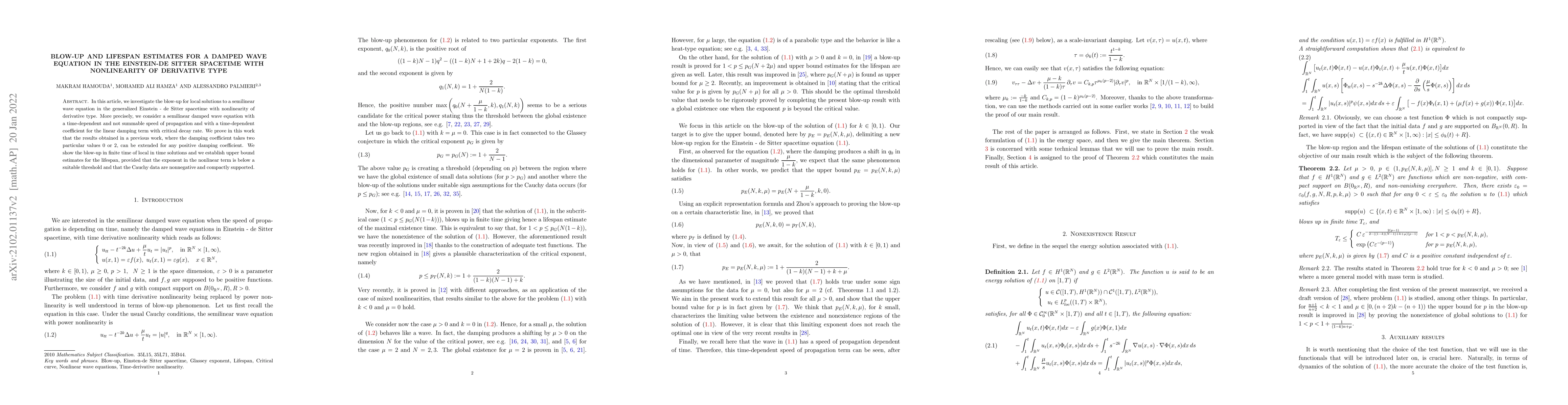 Thumbnail for Blow-up and lifespan estimates for a damped wave equation in the
  Einstein-de Sitter spacetime with nonlinearity of derivative type