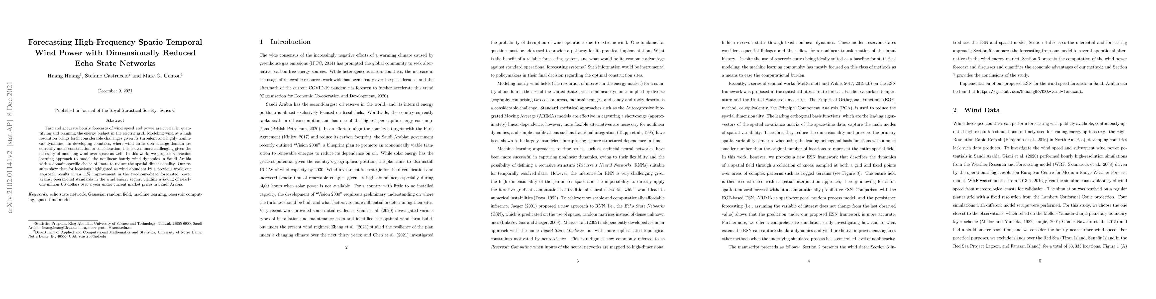 Thumbnail for Forecasting High-Frequency Spatio-Temporal Wind Power with Dimensionally
  Reduced Echo State Networks