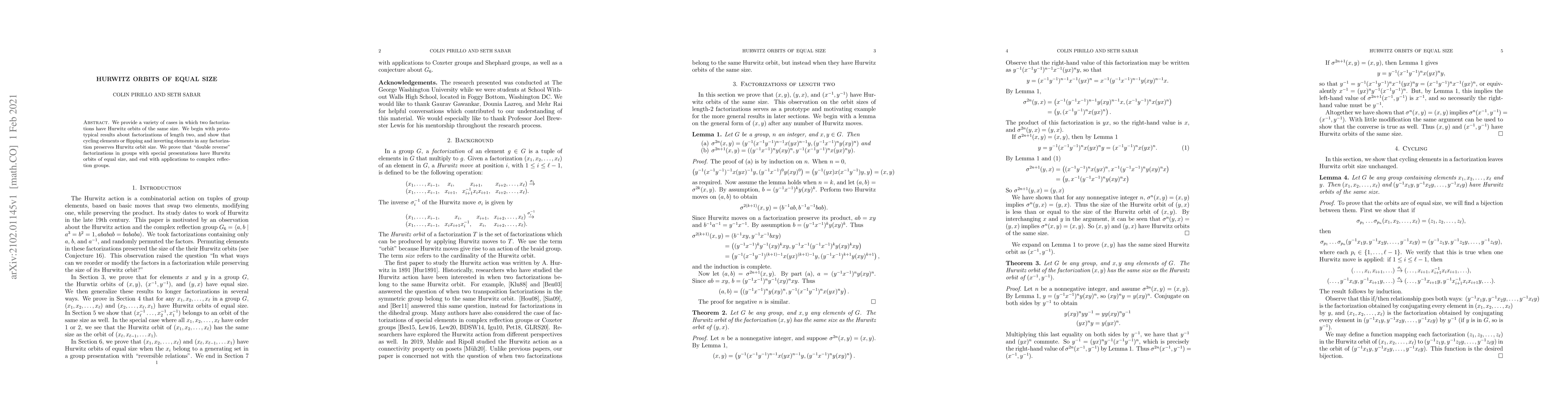 Thumbnail for Hurwitz Orbits of Equal Size
