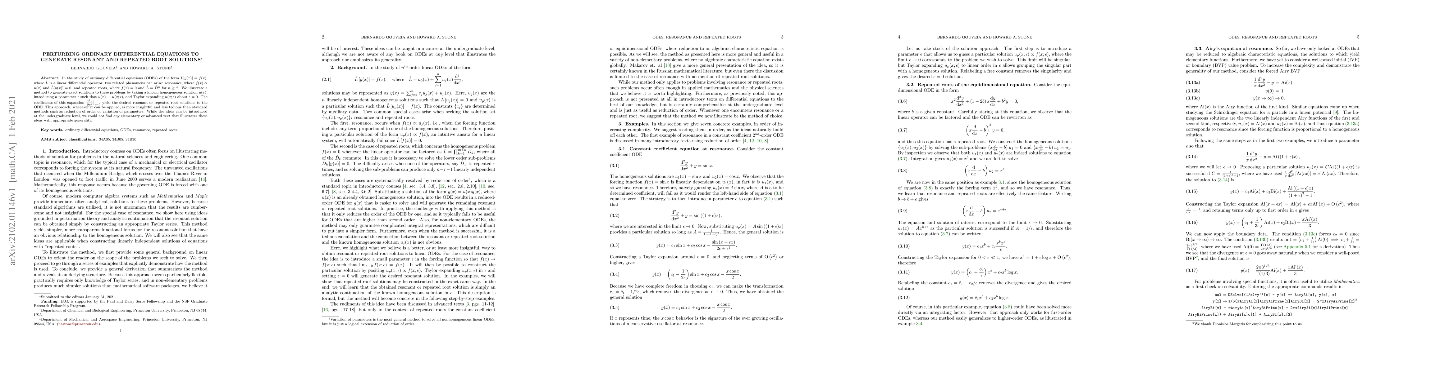 Thumbnail for Perturbing ordinary differential equations to generate resonant and
  repeated root solutions