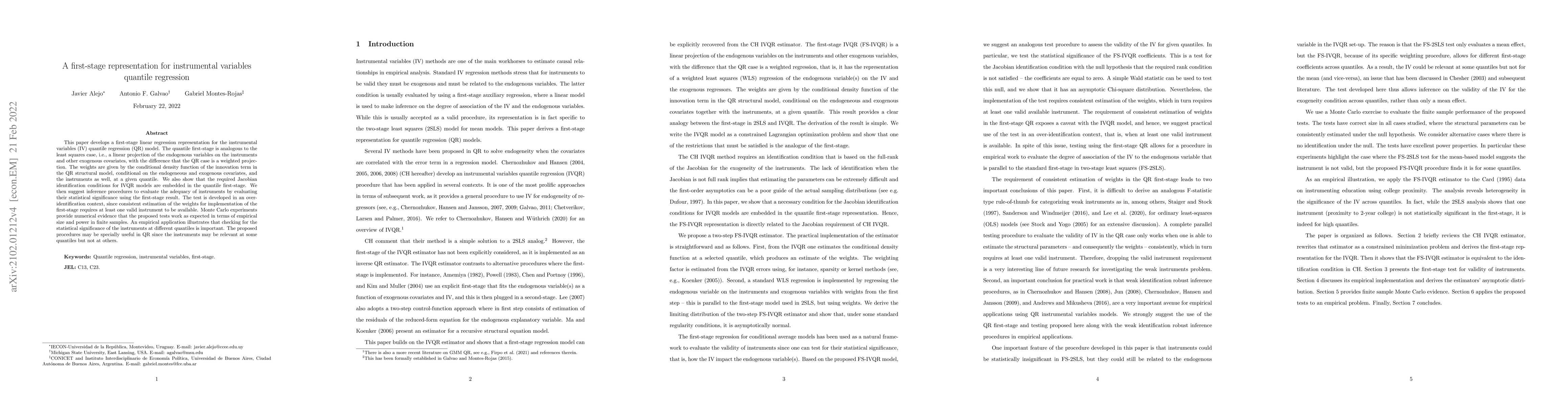 Thumbnail for A first-stage representation for instrumental variables quantile
  regression
