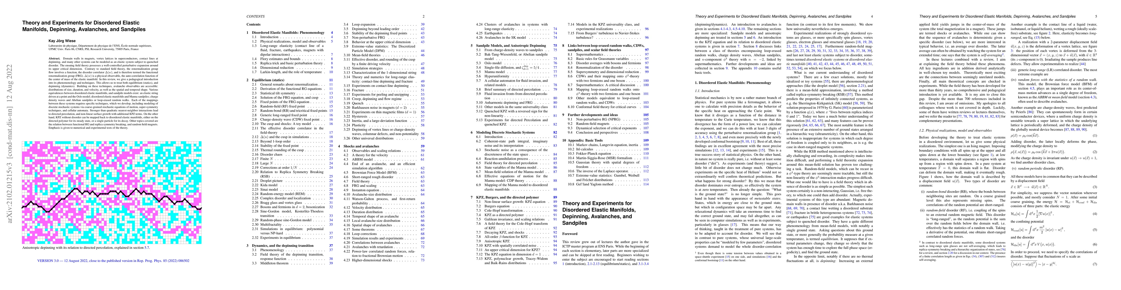 Thumbnail for Theory and Experiments for Disordered Elastic Manifolds, Depinning,
  Avalanches, and Sandpiles