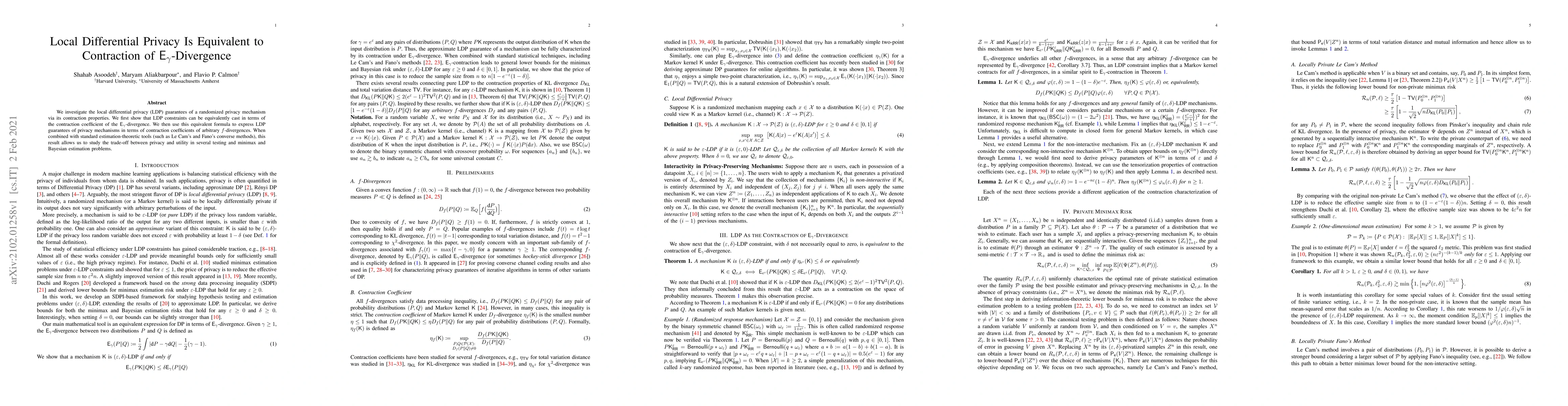 Thumbnail for Local Differential Privacy Is Equivalent to Contraction of
  $E_\gamma$-Divergence