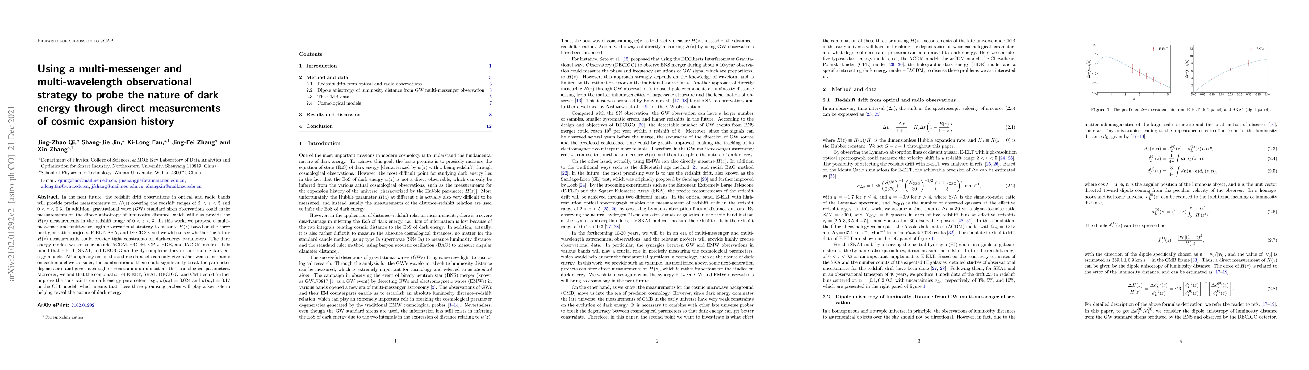Thumbnail for Using a multi-messenger and multi-wavelength observational strategy to
  probe the nature of dark energy through direct measurements of cosmic
  expansion history