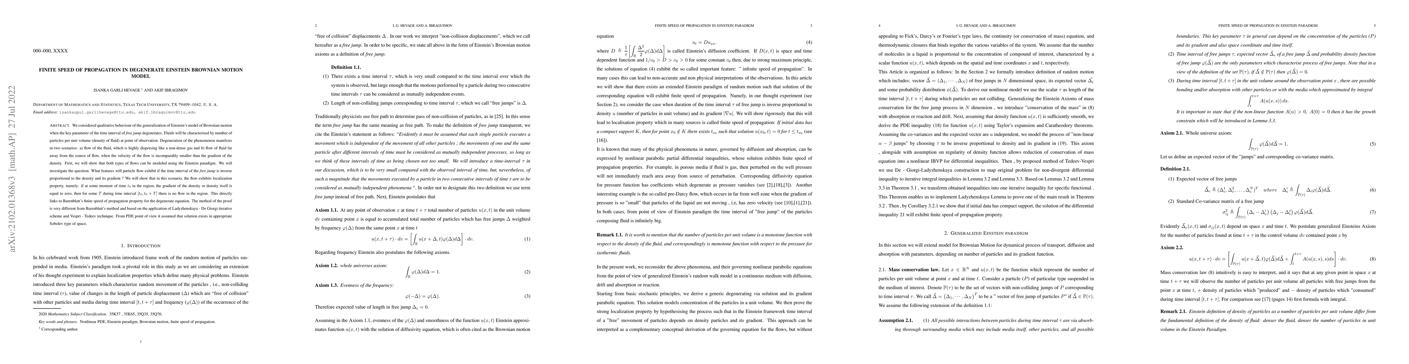 Thumbnail for The finite speed of propagation in the degenerate Einstein-Brownian
  motion model