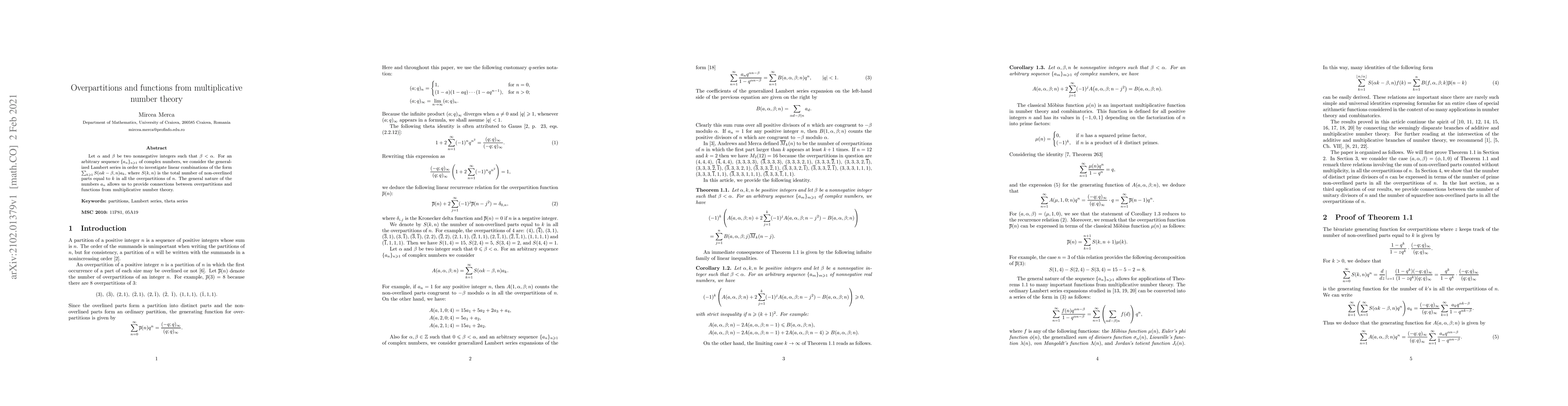 Thumbnail for Overpartitions and functions from multiplicative number theory