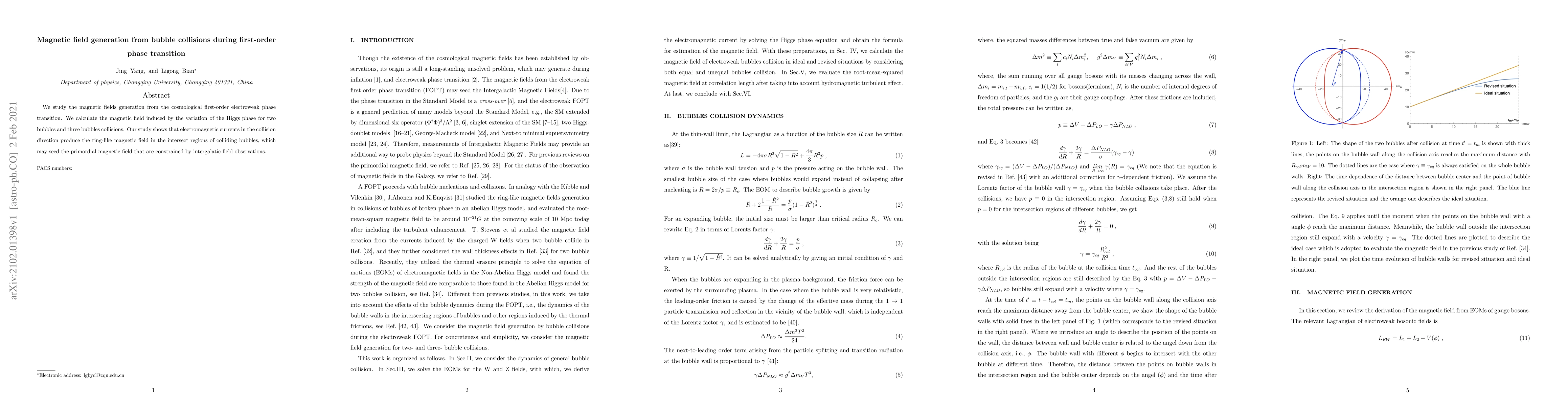 Thumbnail for Magnetic field generation from bubble collisions during first-order
  phase transition