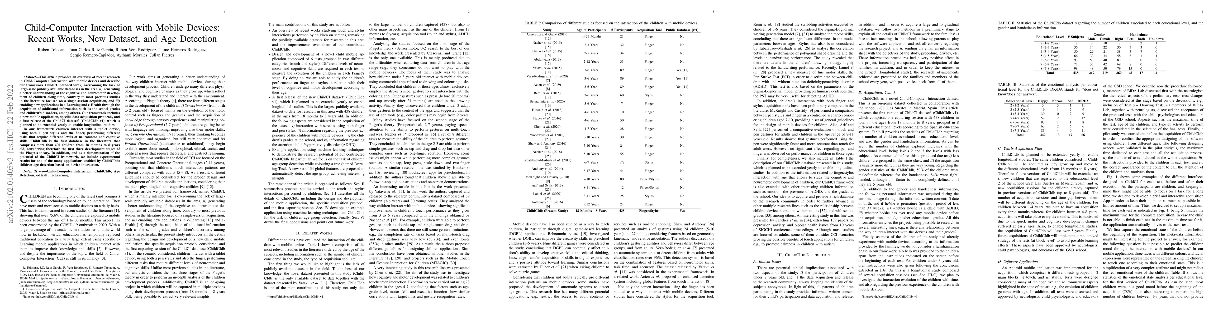 Thumbnail for Child-Computer Interaction with Mobile Devices: Recent Works, New
  Dataset, and Age Detection