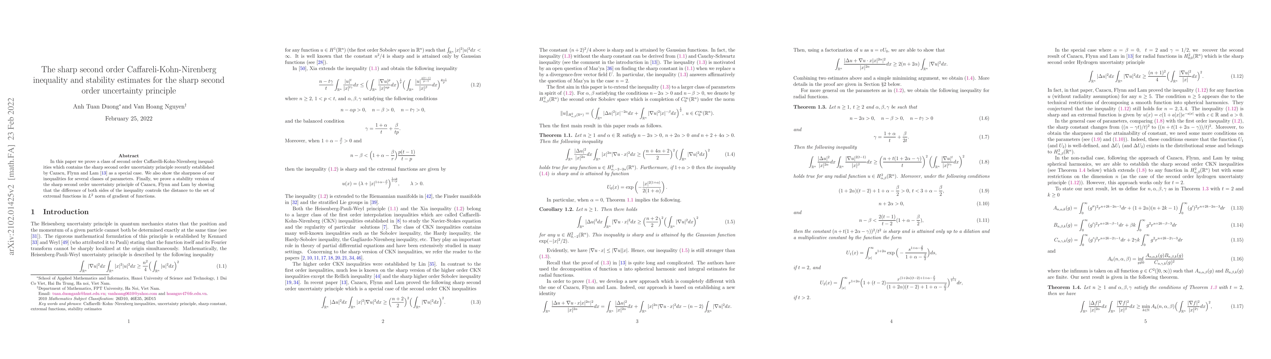 Thumbnail for The sharp second order Caffareli-Kohn-Nirenberg inequality and stability
  estimates for the sharp second order uncertainty principle