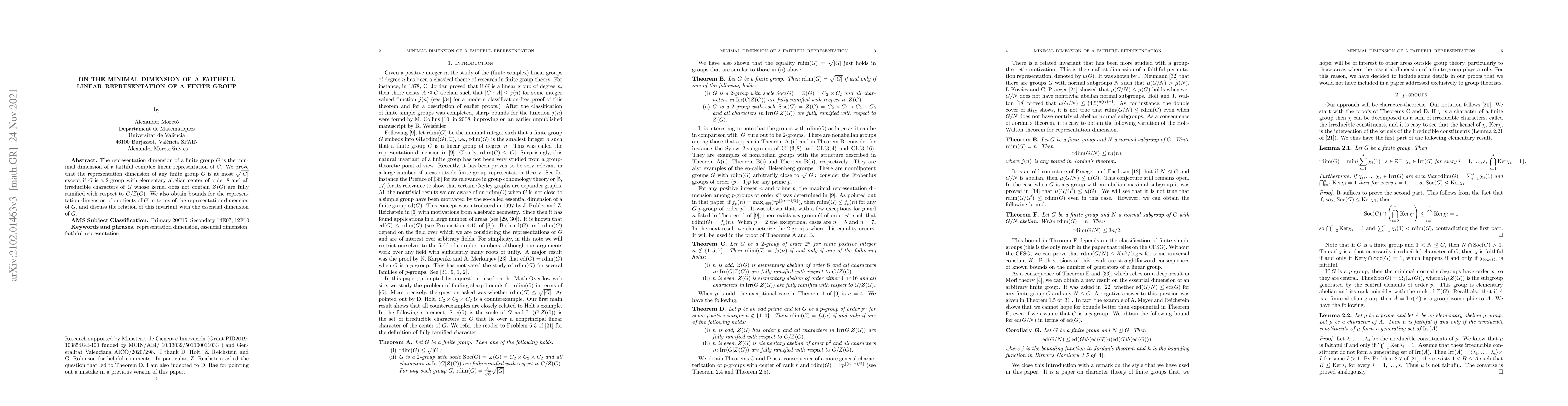 Thumbnail for On the minimal dimension of a faithful linear representation of a finite
  group