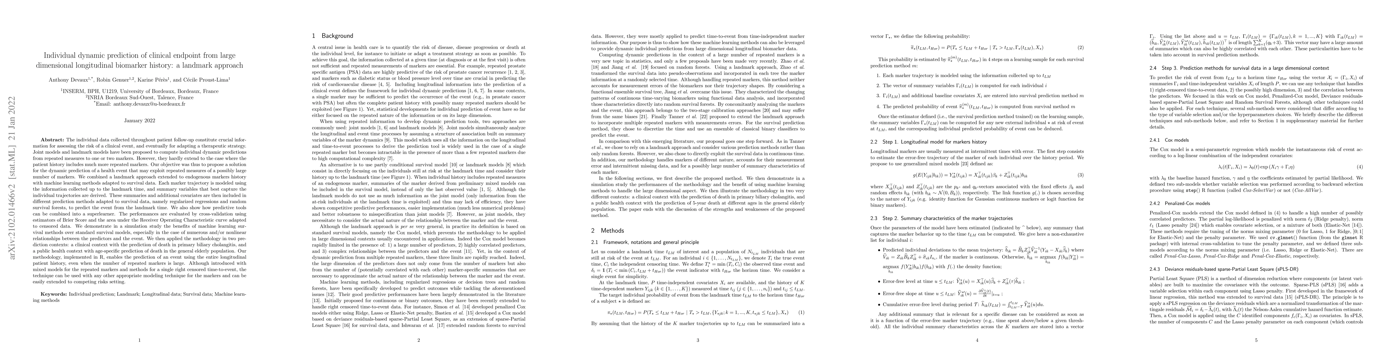 Thumbnail for Individual dynamic prediction of clinical endpoint from large
  dimensional longitudinal biomarker history: a landmark approach