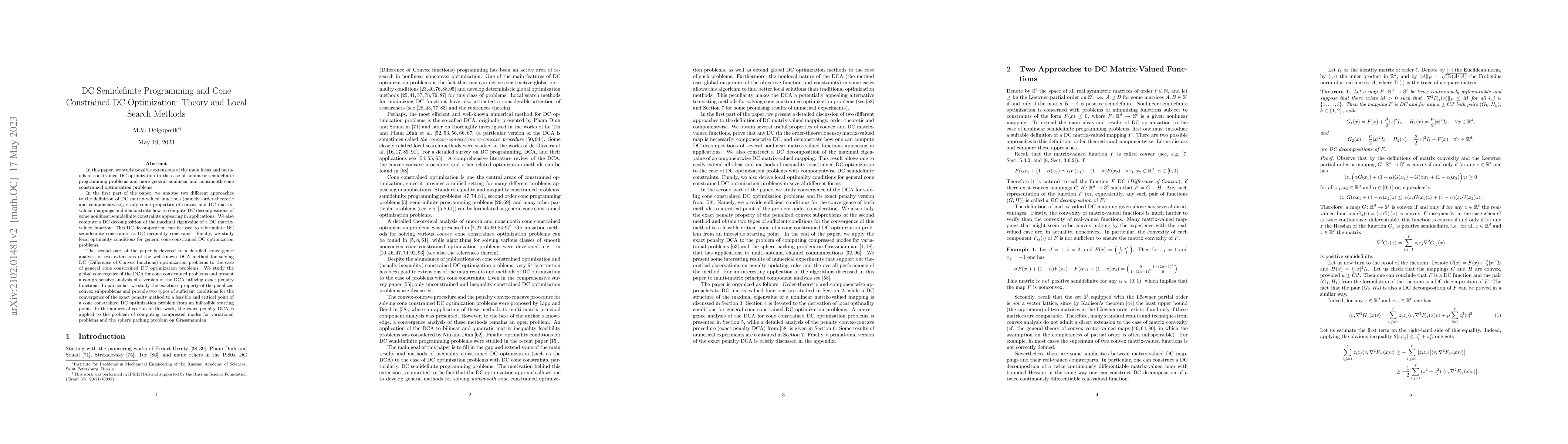 Thumbnail for DC Semidefinite Programming and Cone Constrained DC Optimization: Theory
  and Local Search Methods