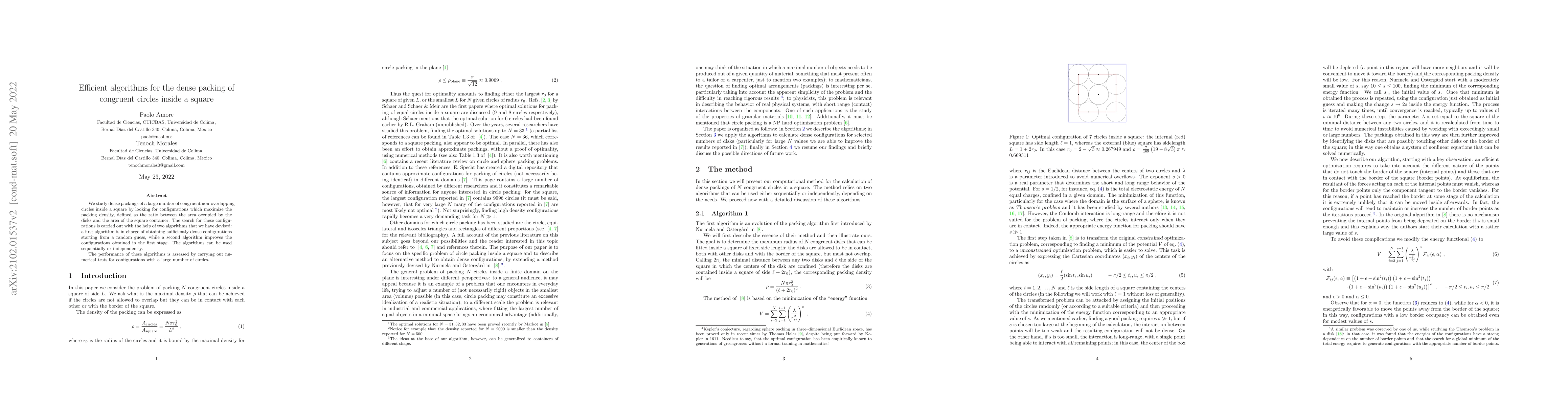 Thumbnail for Efficient algorithms for the dense packing of congruent circles inside a
  square