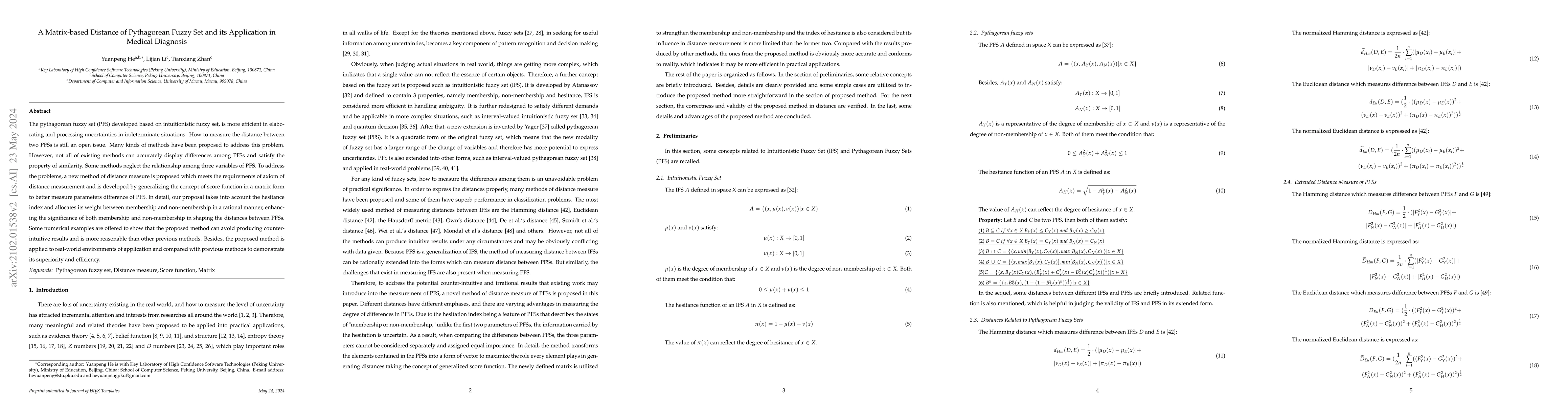 Thumbnail for A Matrix-based Distance of Pythagorean Fuzzy Set and its Application in
  Medical Diagnosis