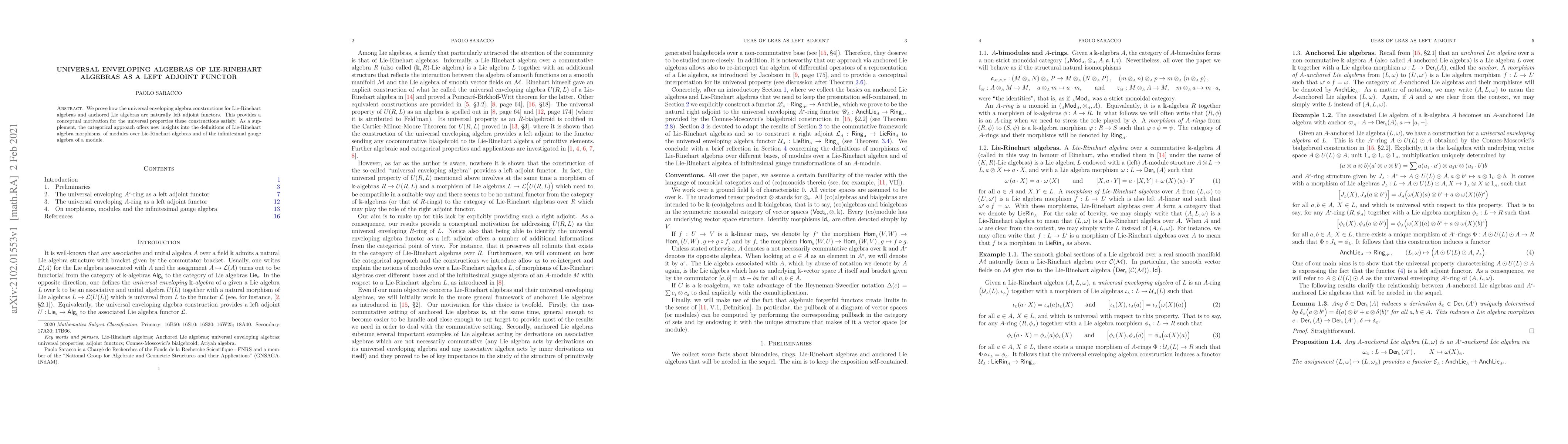 Thumbnail for Universal enveloping algebras of Lie-Rinehart algebras as a left adjoint
  functor