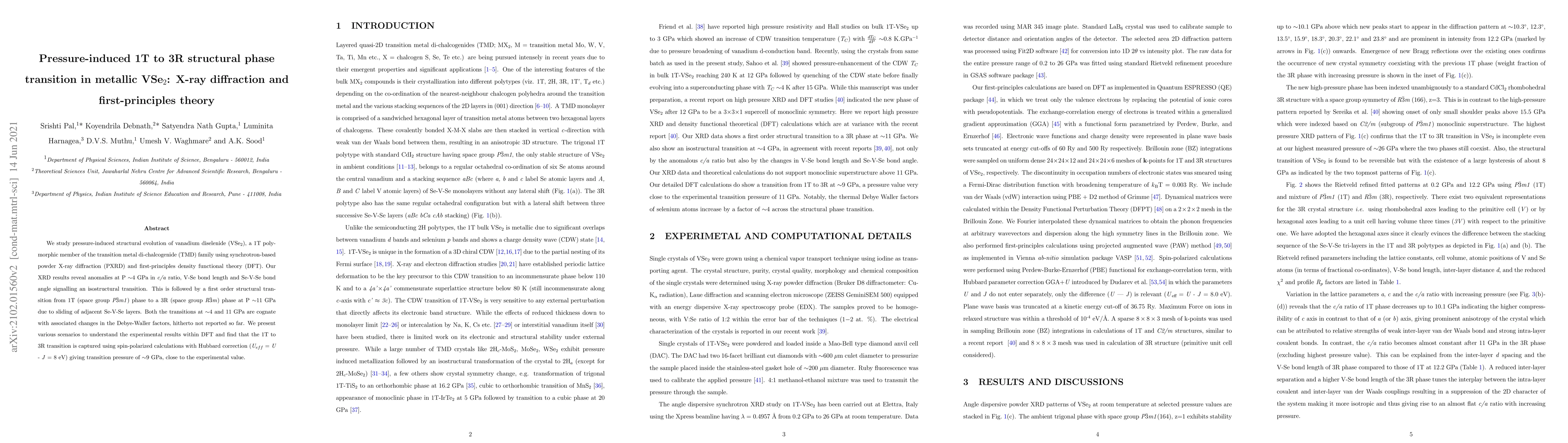 Thumbnail for Pressure-induced 1T to 3R structural phase transition in metallic VSe2:
  X-ray diffraction and first-principles theory