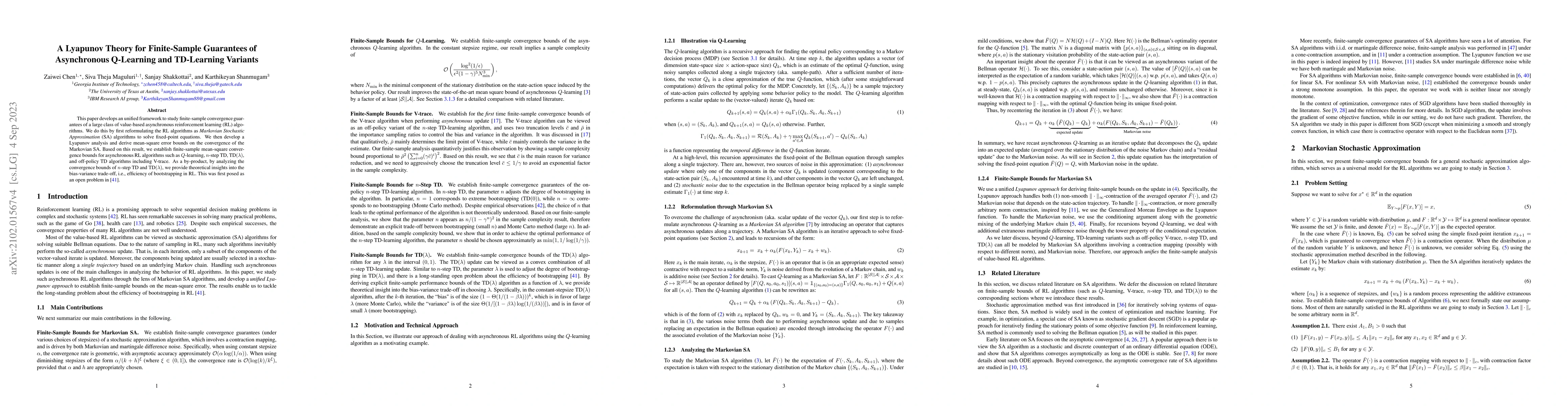 Thumbnail for A Lyapunov Theory for Finite-Sample Guarantees of Asynchronous
  Q-Learning and TD-Learning Variants