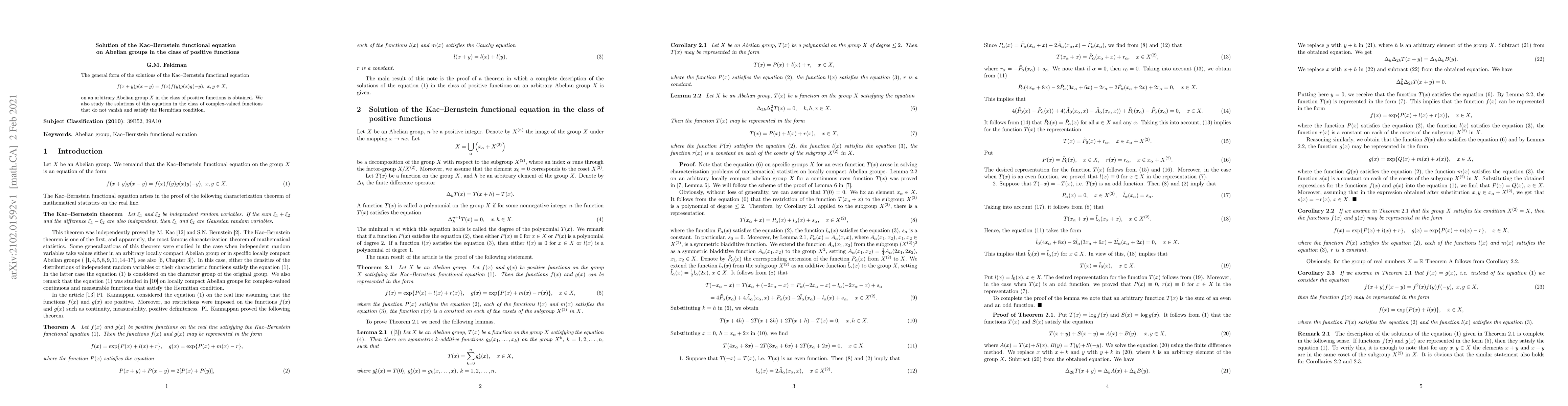 Thumbnail for Solution of the Kac--Bernstein functional equation on Abelian groups in
  the class of positive functions