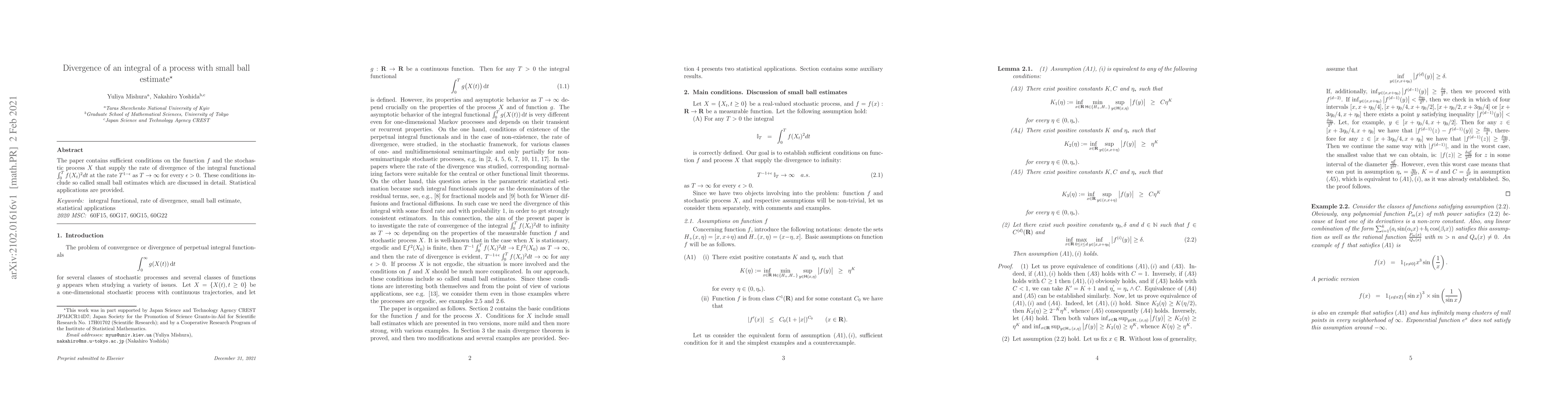 Thumbnail for Divergence of an integral of a process with small ball estimate