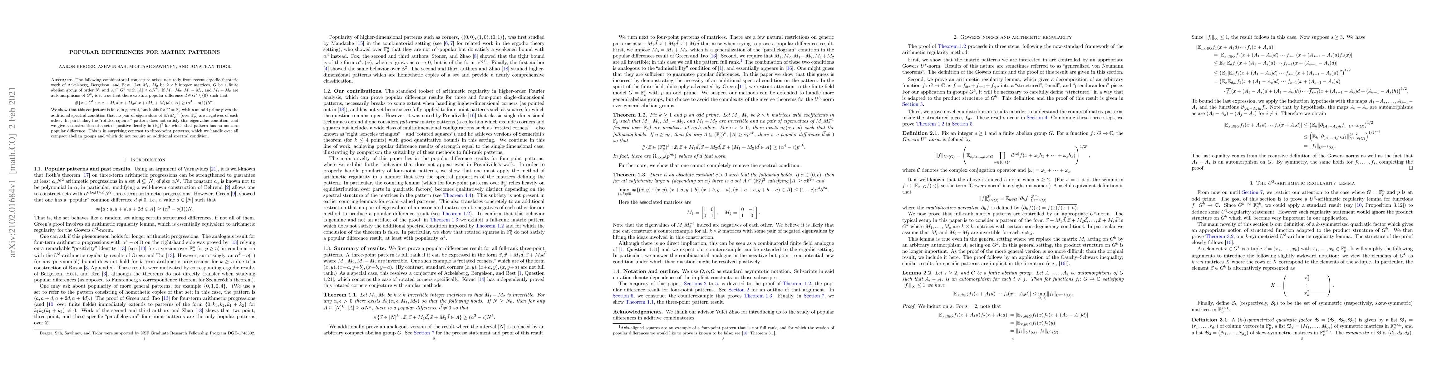 Thumbnail for Popular differences for matrix patterns
